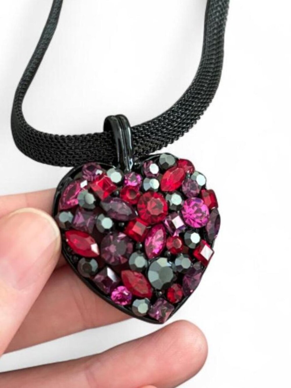 Cookie Lee Black mesh necklace with heart-shaped rhinestone pendant